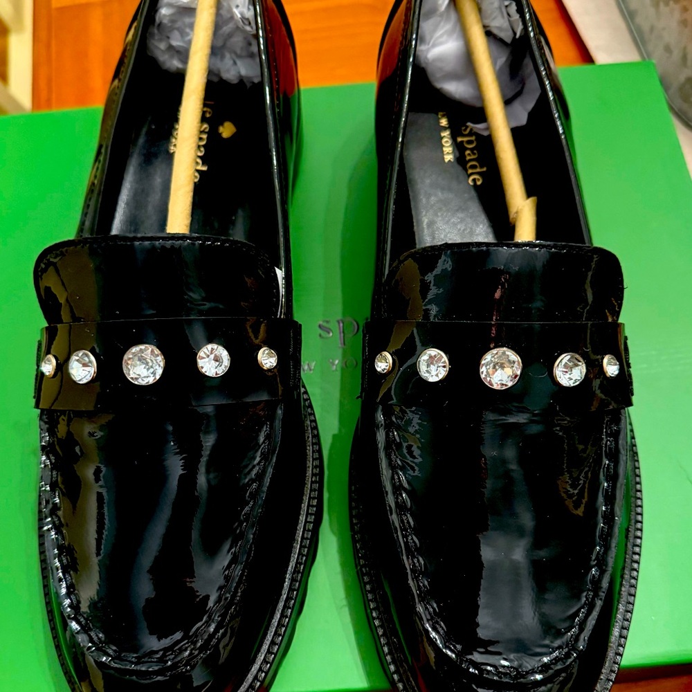 NEW Kate Spade BLACK PATENT Leather Women's Loafers With Rhinestones Size 9